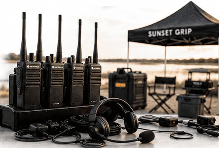 Motorola walkies, headsets and Sunset Grip basecamp tent on location at sunset